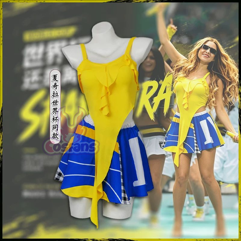 Cheerleading Pom Pom - Sexy Cheerleader-Kostüm: Gelbes Crop-Top, Blauer Plisseerock,